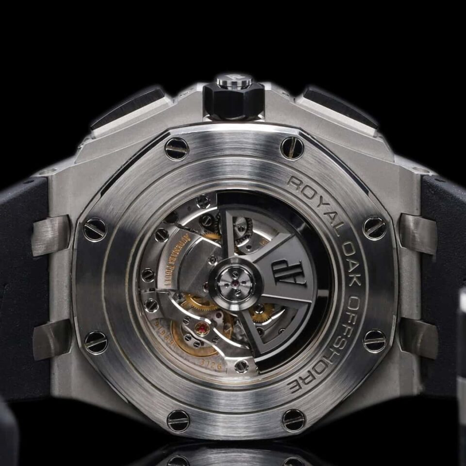 AP Royal Oak Offshore Black Leather White Dial Watch Case Back