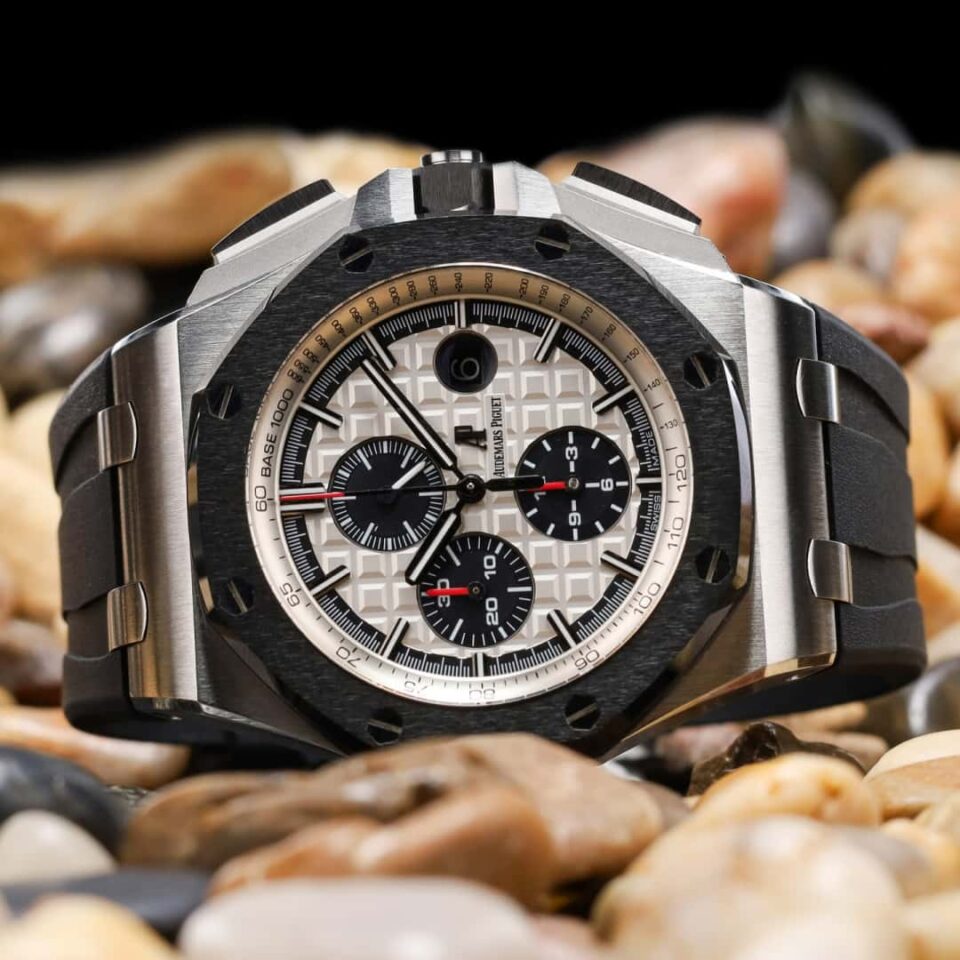 AP Royal Oak Offshore Black Leather White Dial Watch Front