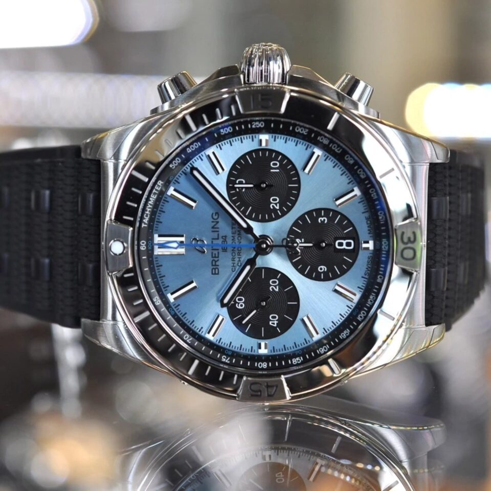 Breitling Chronomat B01 42mm Black Rubber Ice Blue Dial front