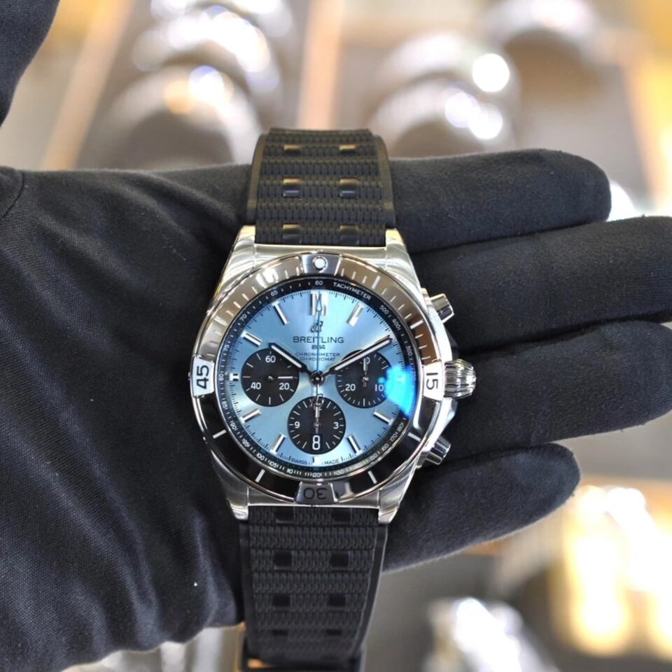 Breitling Chronomat B01 42mm Black Rubber Ice Blue Dial on wrist