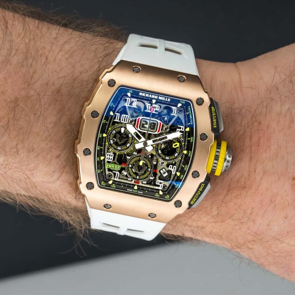 Richard Mille RM 11-03 Rose Gold Flyback white strap front