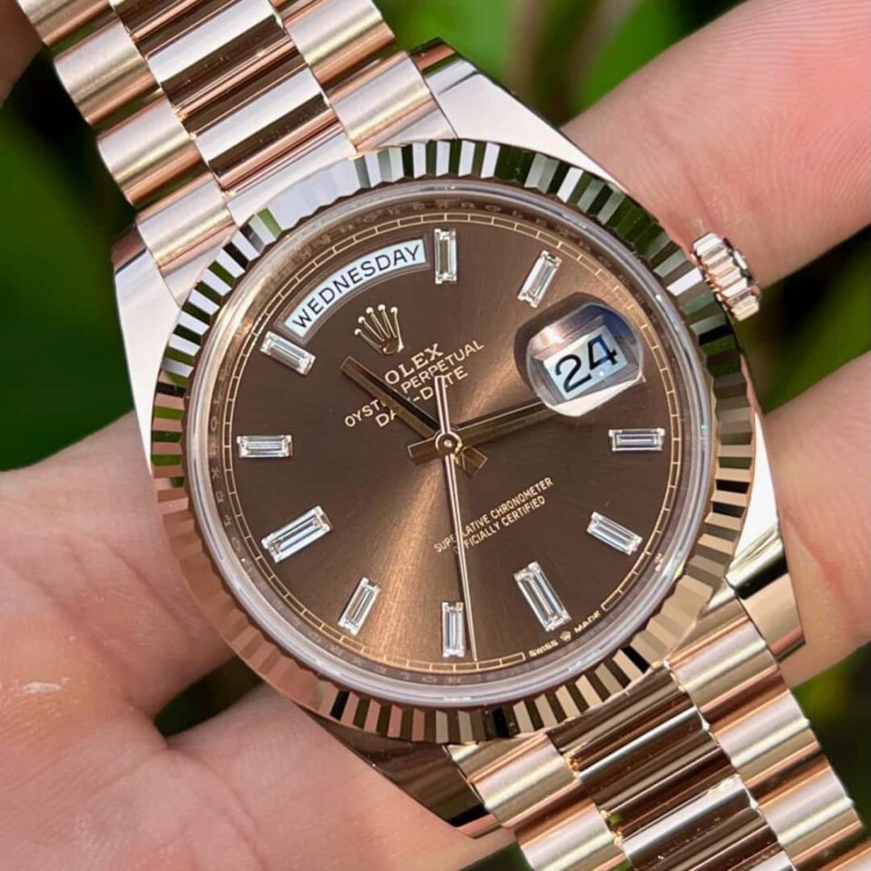 Rolex Day-Date 228235 Chocolate Baguette Everose Gold Watch Front