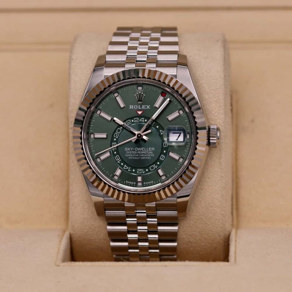Rolex Sky Dweller 42mm Green Dial Jubilee Bracelet Watch Front