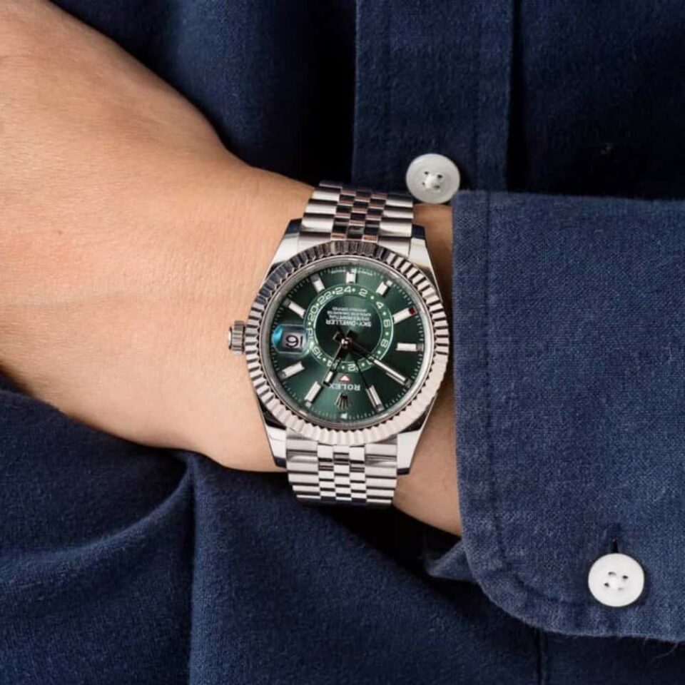 Rolex Sky Dweller 42mm Green Dial Jubilee Bracelet Watch On Wrist